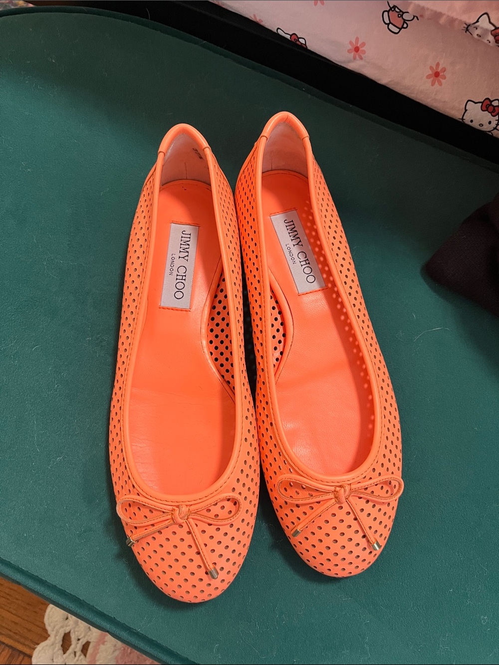Jimmy Choo Neon Orange Perforated Leather Ballet Flats 37 1/2 - Picture 11 of 11